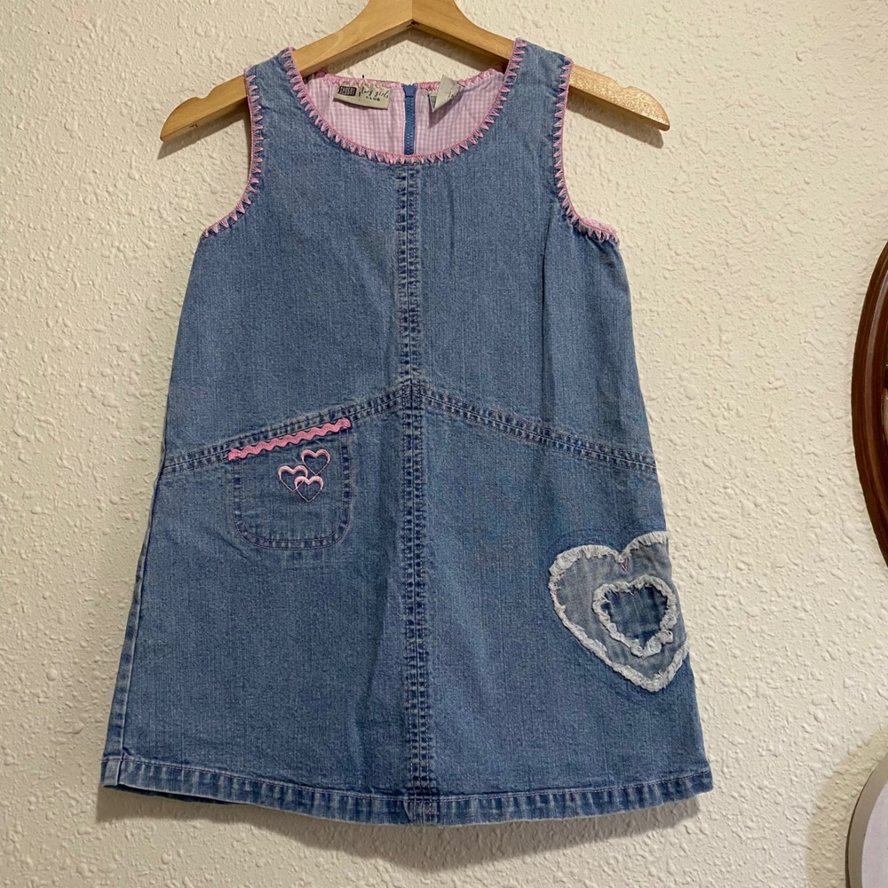 Glory Girls Club Denim ALine Dress Girls 2 Y2K Pink Gingham‎ embroidered Hearts